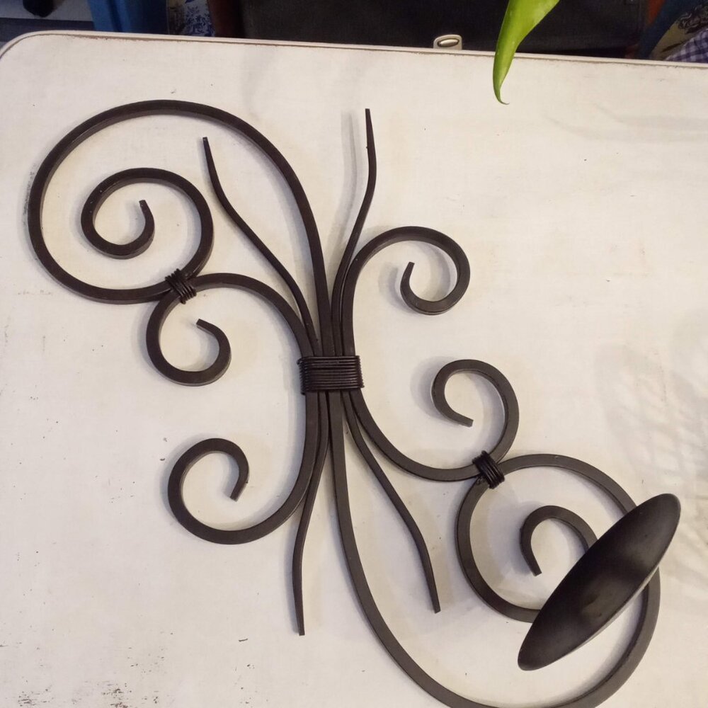 Black Wrought Iron Candle Holder 17" Wall Sconce Set Of 2 Opposing Scroll Design - Picture 2 of 3